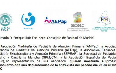 La SEPEAP se suma a la carta de las Sociedades Pediátricas al consejero de Sanidad de la Comunidad de Madrid